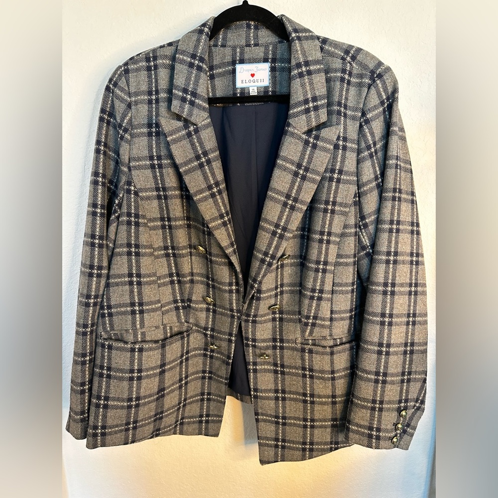 Eloquii Women's Gray Plaid Double-Breasted Blazer